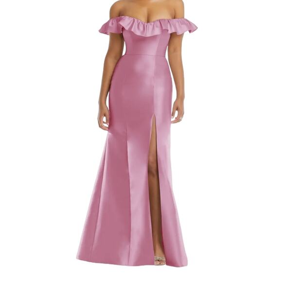 Alfred Sung dress D836 Off the Shoulder Ruffle Satin Trumpet Gown pink size 14 - Picture 1 of 8
